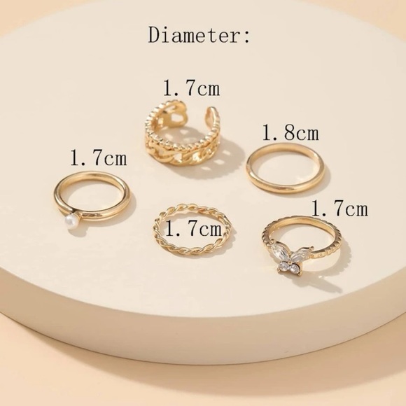 *3/$20* 5 Piece Glam Butterfly Rhinestone and Pearl Ring Set - Picture 3 of 6